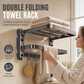 🚿 50% KORTING! ✨ Dubbel opklapbaar badkamerhanddoekenrek zonder boren – ruimtebesparende dubbele inklapbare planken, directe vacuümzuigbevestiging en roestbestendig aluminium – stevig koolstofstalen frame met haken voor muren zonder rommel 🧺