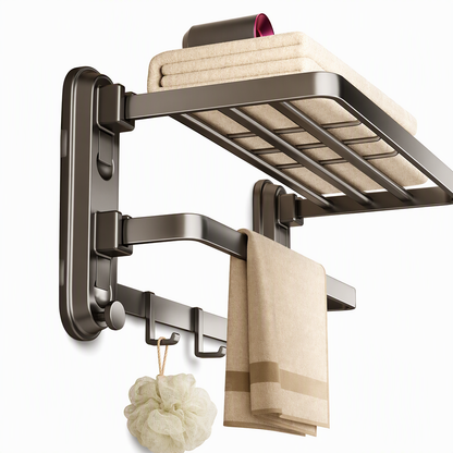 🚿 50% KORTING! ✨ Dubbel opklapbaar badkamerhanddoekenrek zonder boren – ruimtebesparende dubbele inklapbare planken, directe vacuümzuigbevestiging en roestbestendig aluminium – stevig koolstofstalen frame met haken voor muren zonder rommel 🧺