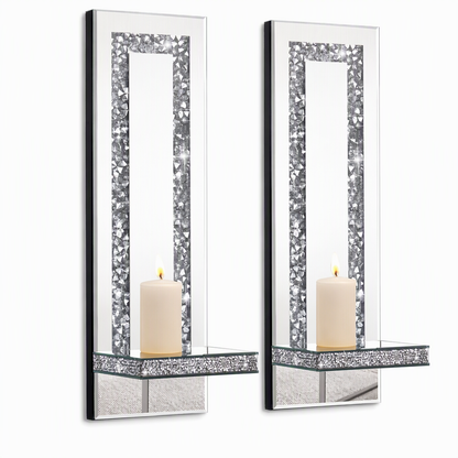 Set van 2 Zilveren Spiegel Kristal Kandelaars met Acryl Crushed Diamonds