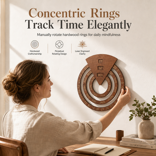 📢📢 50% KORTING!! ⏰ Ronde Houten Roterende Eeuwigdurende Kalender – Artistiek, Interactief & Tijdloos ✨