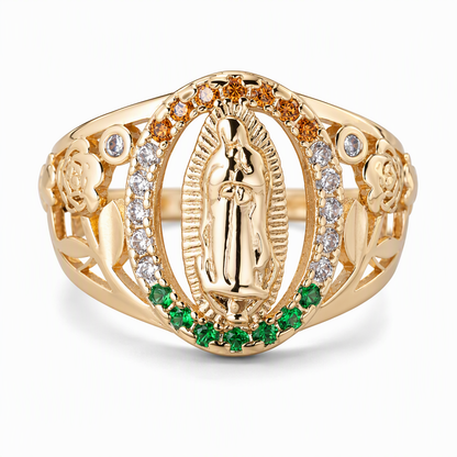 Goudkleurige Ring met Godin Portret en Bloemmotief voor Dames met Ovale Kleurrijke Zirkonia Old Money Stijl